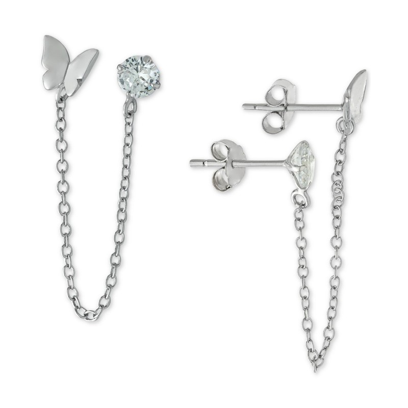 Cubic Zirconia Butterfly Chain Double Pierced Drop...