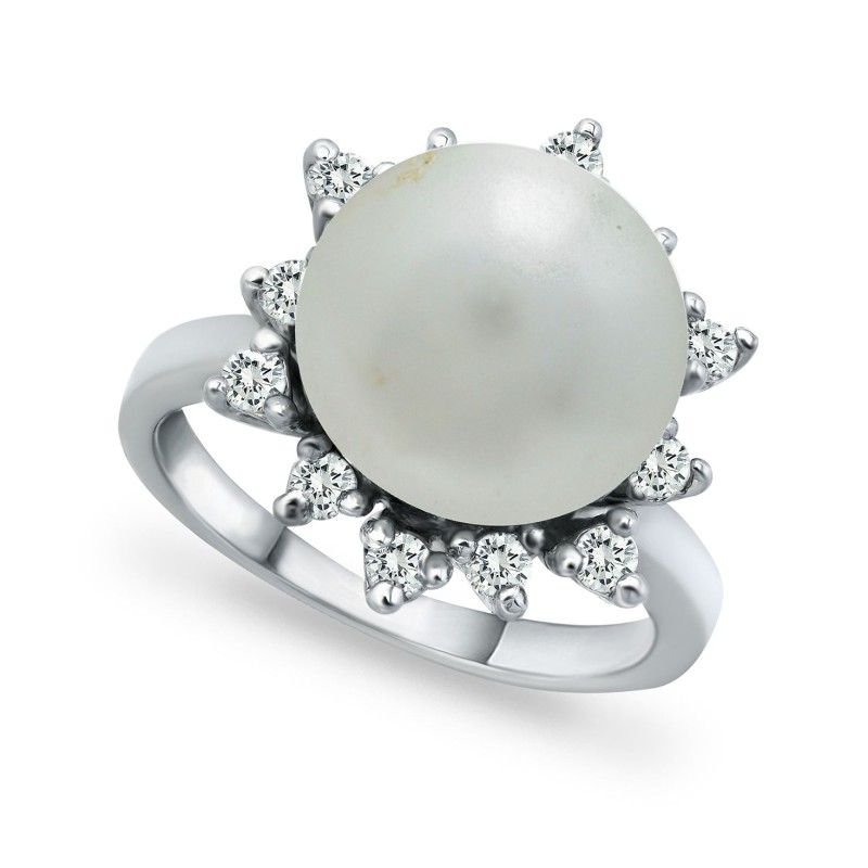 Imitation Pearl and Cubic Zirconia Halo Ring in Si...