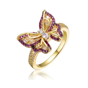 14k Yellow Gold Plated with Amethyst & Cubic Zirconia Butterfly Split Top Ring