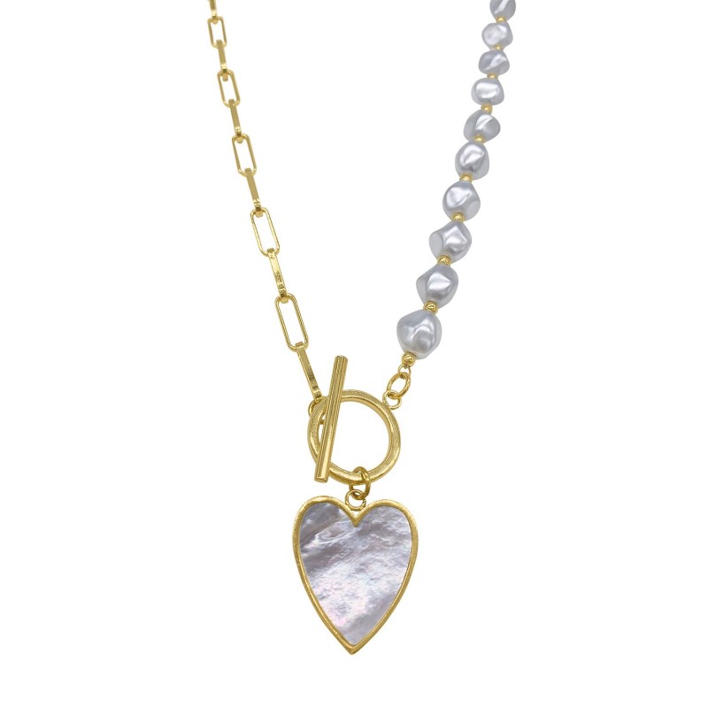 Imitation Pearl and Chain Heart Toggle Necklace