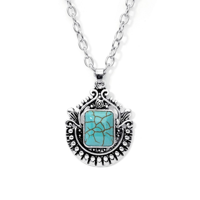 Simulated Turquoise in Silver Plated Crest Pendant...