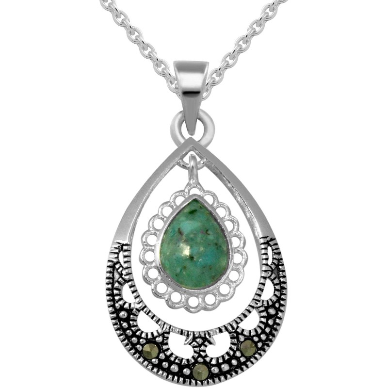 Genuine Marcasite & Simulated Turquoise Teardrop P...