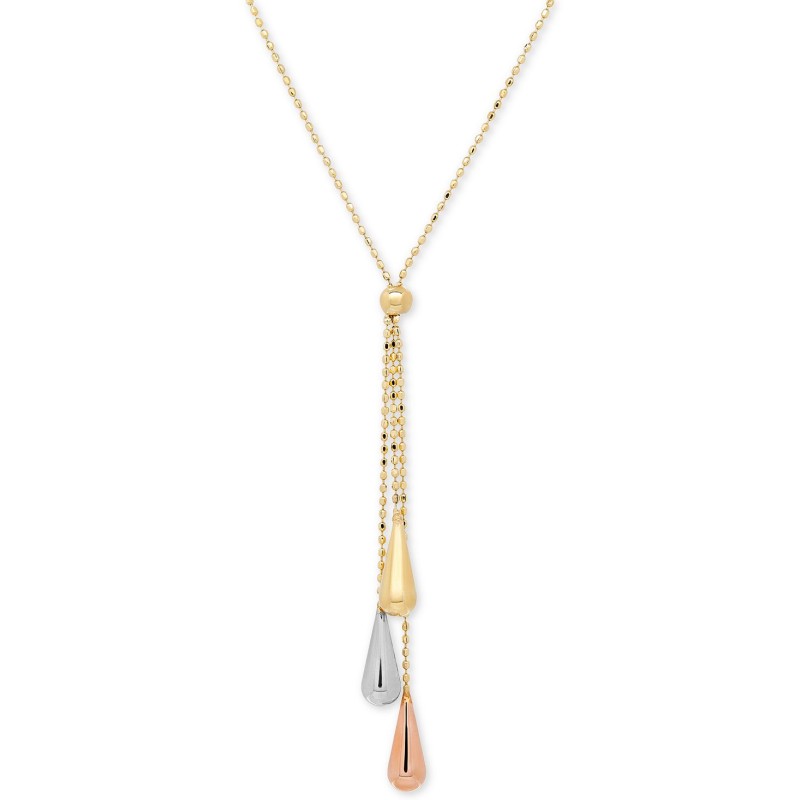 Tri-Gold Lariat Necklace in 14k Gold, White Gold a...