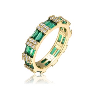 14k Yellow Gold Plated with Emerald & Cubic Zirconia Double Wedding Anniversary Band Eternity Ring