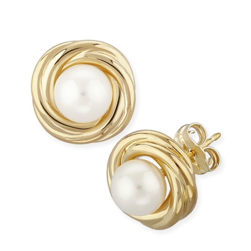 Love Knot Pearl (5 mm) Stud Earrings Set in 14k Ye...