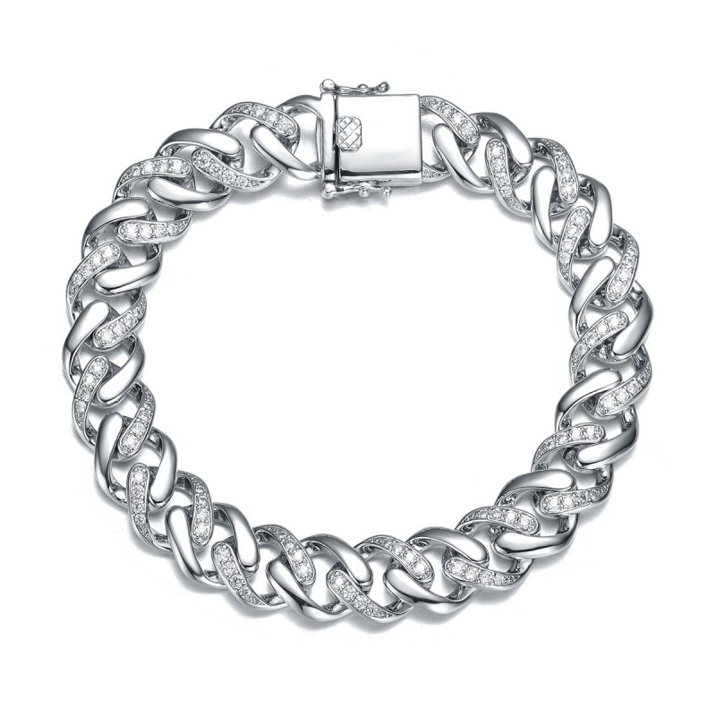 Men's White Gold Plated Curb Chain Bracelet with I...