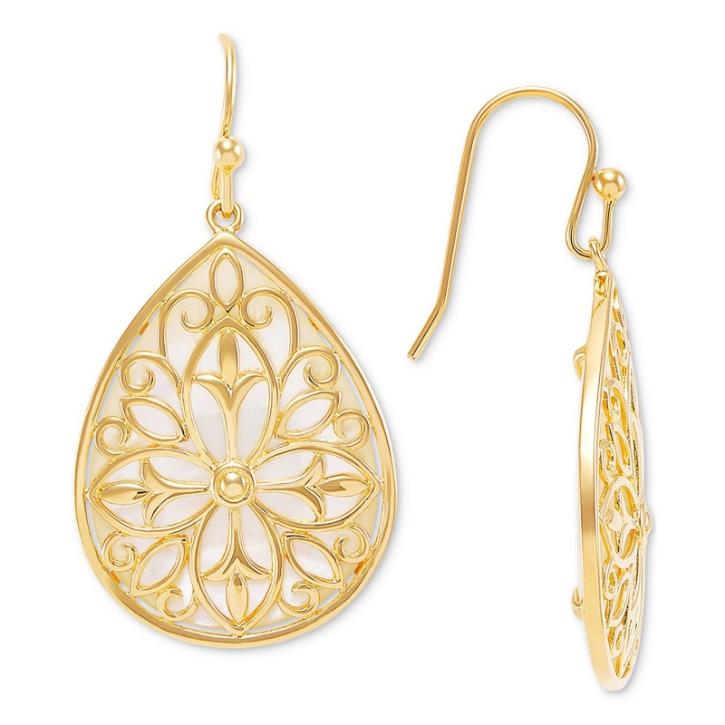 Mother-of-Pearl Filigree Overlay Teardrop Drop Ear...